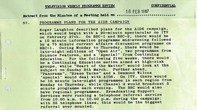 Typewritten Television Weekly Programme Review Minute dated 18 February 1987 discussing plans for the AIDS campaign