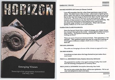 Front cover of the Horizon pamphlet 'Emerging viruses' and a page of the book with introductions by contributors