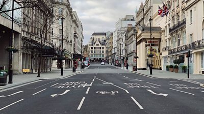 Regent Street completely deserted during the COVID-19 pandemic - no cars or pedestrians are visible