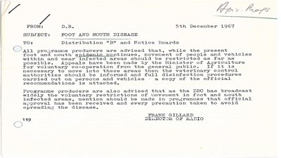 Frank Gillard's typewritten memo to producers about Foot and Mouth dated 1967