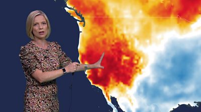Weather presenter Sarah Keith-Lucas standing in front of a heat map of the western USA