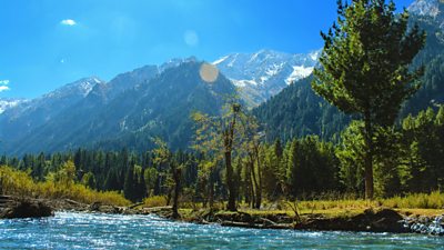 In the forefront is a rive, alpine trees in the mid, and a mountain with snowy peaks at the back. It is sunny.