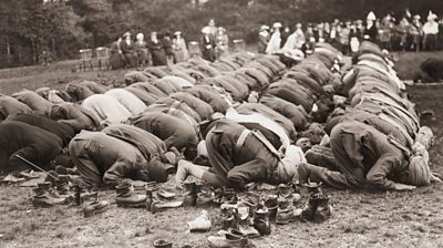 Indian troops serving with the British Army pray outside the Shah Jahan Mosque in Woking, Surrey, during the Muslim festival of Baqrid, or Eid al-Adha, (Festival of Sacrifice), circa 1916. 