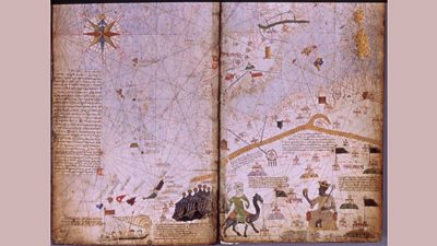 A Photograph of Mansa Musa, King of Mali on a map of North Africa circa 1375. 