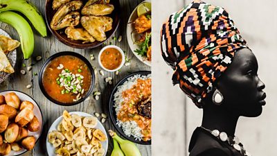 Left of picture are a selection of African dishes including rice and peas, plantain. To the right is a model on side profile wearing a Dhuku African Head-Wrap which is orange, white and black.
