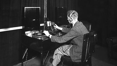 A radio announcers desk at RadiOlympia, 1936