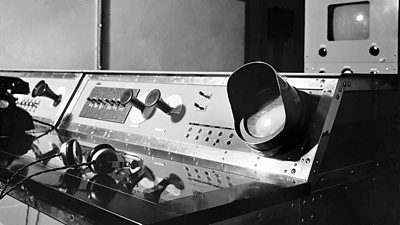 Alexandra Palace studios showing the Baird Control Room, built in Bakelite, metal and glass.