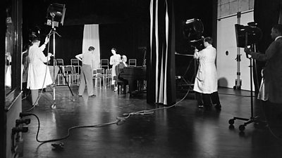 Preparing for a piano recital in the Baird studio at Alexandra Palace.