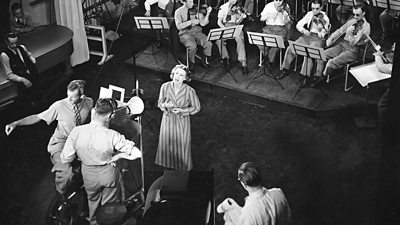 Singer Helen McKay photographed from the studio gantry at Alexandra Palace.