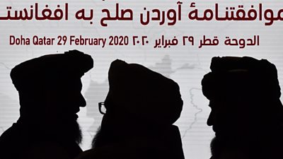 Taliban delegation members ahead of signing of deal in Doha, 29 February 2020