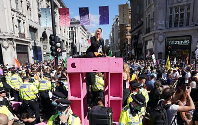 Extinction Rebellion protesters have erected a structure in the centre of Oxford Circus