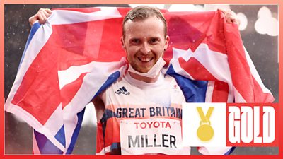 Great Britain's Owen Miller overtakes Russian Paralympic Committee’s Aleksandr Rabotnitskii on the final corner to win gold in men's T20 1500m.