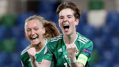 Kirsty mcGuinness celebrates scoring on her 50th Northern Ireland appearance