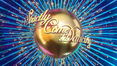 Strictly Come Dancing is written in gold across a golden glitterball, which is emitting bright beams of light on a blue background