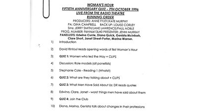 Woman's Hour - 50th anniversary running order