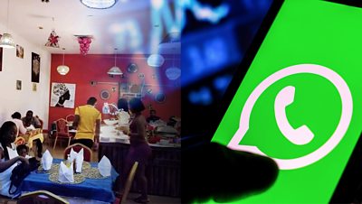 Composite image of a restaurant and WhatsApp logo