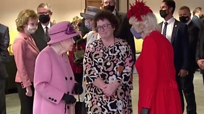 Queen talking to Duchess of Cornwall and the Welsh parliament's presiding officer.