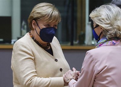 Germany's Chancellor Merkel greeting EU's Ursula von der Leyen, 21 Oct 21