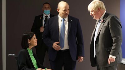 Karine Elharrar, Naftali Bennett and Boris Johnson