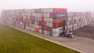 Aerial view of shipping containers at Eye
