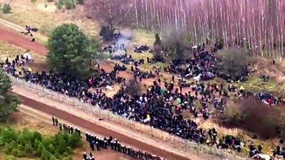 Aerial view of hundreds of migrants on Belarus' border with Poland