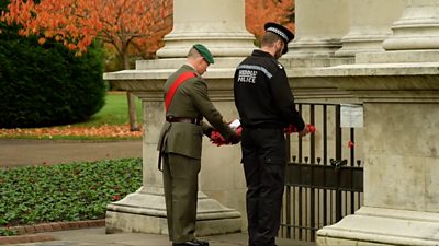 Wreathes were laid at the Welsh National War Memorial in Cathays Park, Cardiff