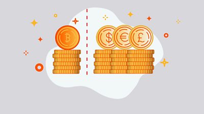 Piles of really money and Bitcoin symbols