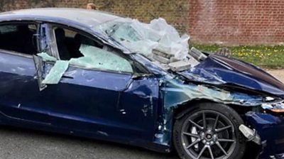 The car's owner says he and his wife could have been killed when a lorry shed its load of slabs.