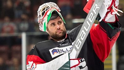 Cardiff Devils’ netminder Mac Carruth salutes the fans at Ice Arena Wales