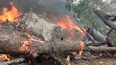 Burning wreckage of the Mi-17V5 helicopter