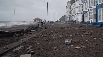 Heavy seas and 86mph winds brought by Storm Barra have caused damage along the Welsh coast.