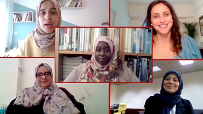 Composite picture of five Libyan women talking about the presidential election