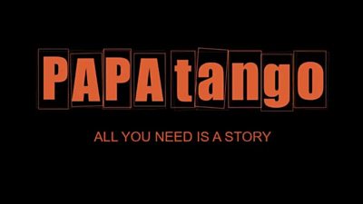 Orange text 'Papatango' All you need is a story' set on a black background