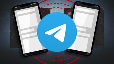 Graphic illustration of two phone screens and the Telegram messaging app logo