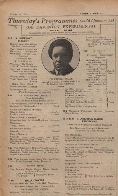 Listing for A Coleridge-Taylor Programme with a photograph of the composer in a circle