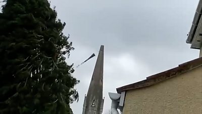 The spire, at St Thomas's Church in Wells, came down during high wind in Somerset.
