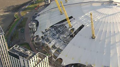Aerial shot of The O2's damaged roof