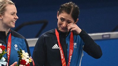 Eve Muirhead reacts to winning gold with the GB women's curling team of herself, Vicky Wright, Jen Dodds and Hailey Duff who overwhelmed Japan 10-3 in Sunday's final.