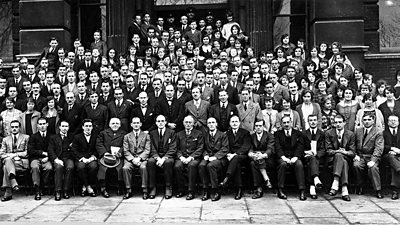 Staff of the British Broadcasting Company on the steps of Savoy Place, 1924