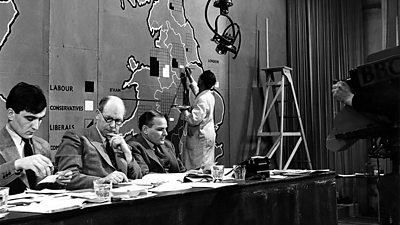 David Butler, R B McCallum and Chester Wilmot broadcasting the General Election Results at Alexandra Palace, February 1950.