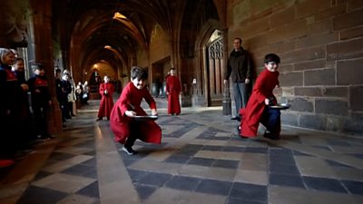 Pancake day race at Worcester Cathedral