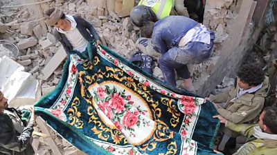 Rescuers in the rubble in Yemen