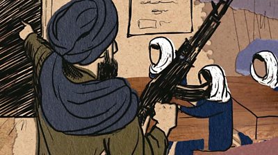 Animation of a man with a gun in front of school girls, pointing to a doorway