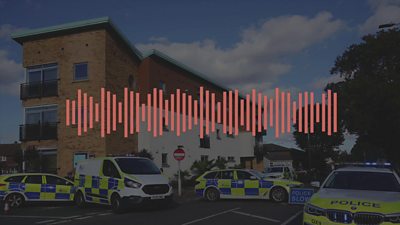 Audio waveform over image of police cars near the Belfairs Methodist Church, 15 October 2021