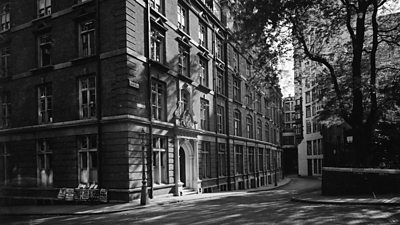 The BBC's Savoy Hill buildings seen in dappled light in 1926