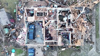 Aerial view of a destroyed house in Texas