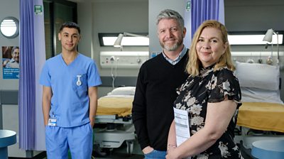 Writing duo Laura Griffiths and Chris Griffiths with Shaheen Jafargholi (Nurse Marty) - (Photo Credit: BBC)