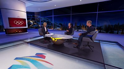 tv studio for the Beijing Winter Olympics 2022 showing 2 female presenters and one male presenter