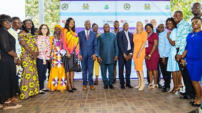 Speakers and organisers pose ahead of the Sierra Leone National Media Viability and Investment Conference in Freetown, 21-22 April 2022. Photo courtesy of BBC Media Action Sierra Leone.