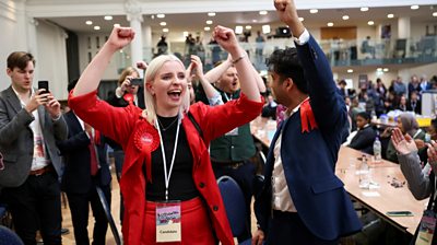 Labour Party candidates and supporters celebrate after the Labour gain of Westminster City Council